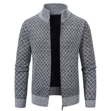 Thickened Plaid Print Jacket Cardigan Fashion Slim Fit Zipper Stand Collar Sweater Winter Men's Casual Long Sleeve Knitted Top Clothing