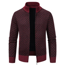Thickened Plaid Print Jacket Cardigan Fashion Slim Fit Zipper Stand Collar Sweater Winter Men's Casual Long Sleeve Knitted Top Clothing